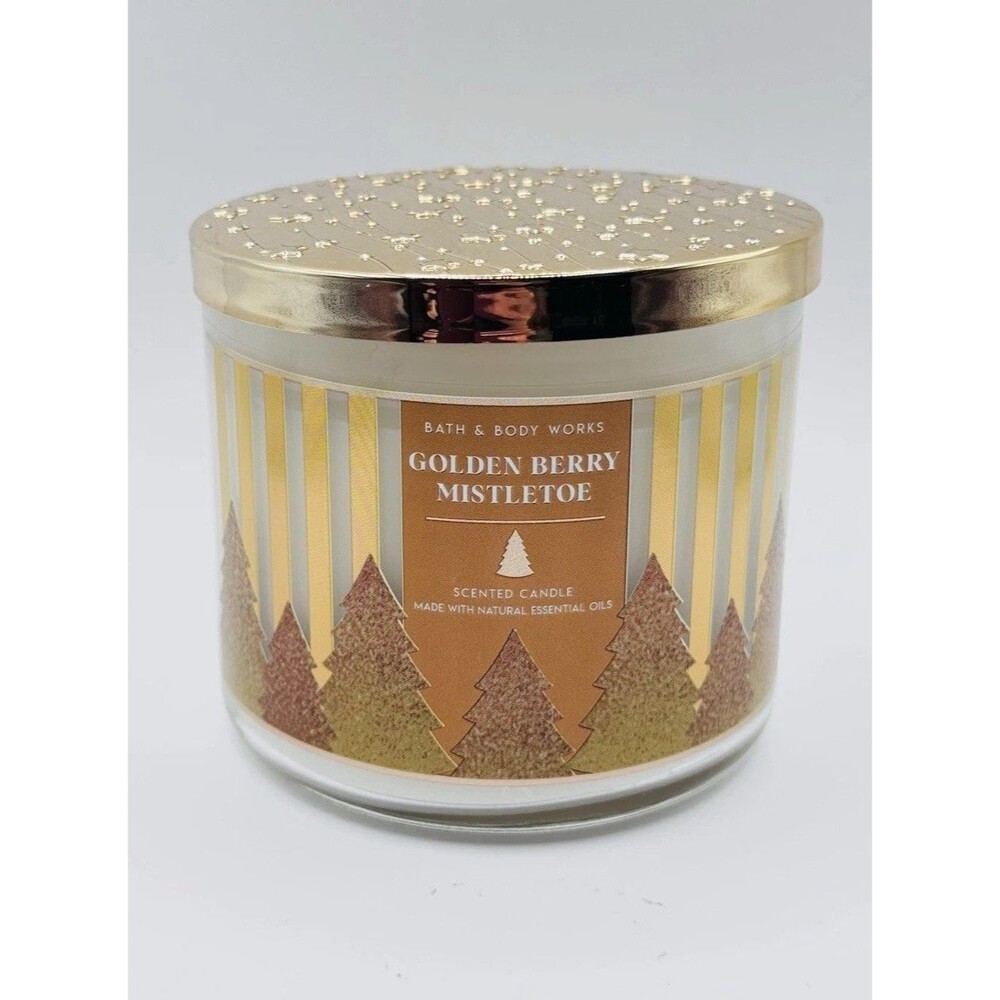 Bath Body Works Golden Berry Mistletoe Candle 3 Wick 14.5 oz Discontinued NEW - Picture 1 of 5